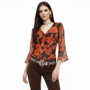Vintage Silk Fairy Top Orange Brown Floral Whimsigoth Y2K New York City Design S